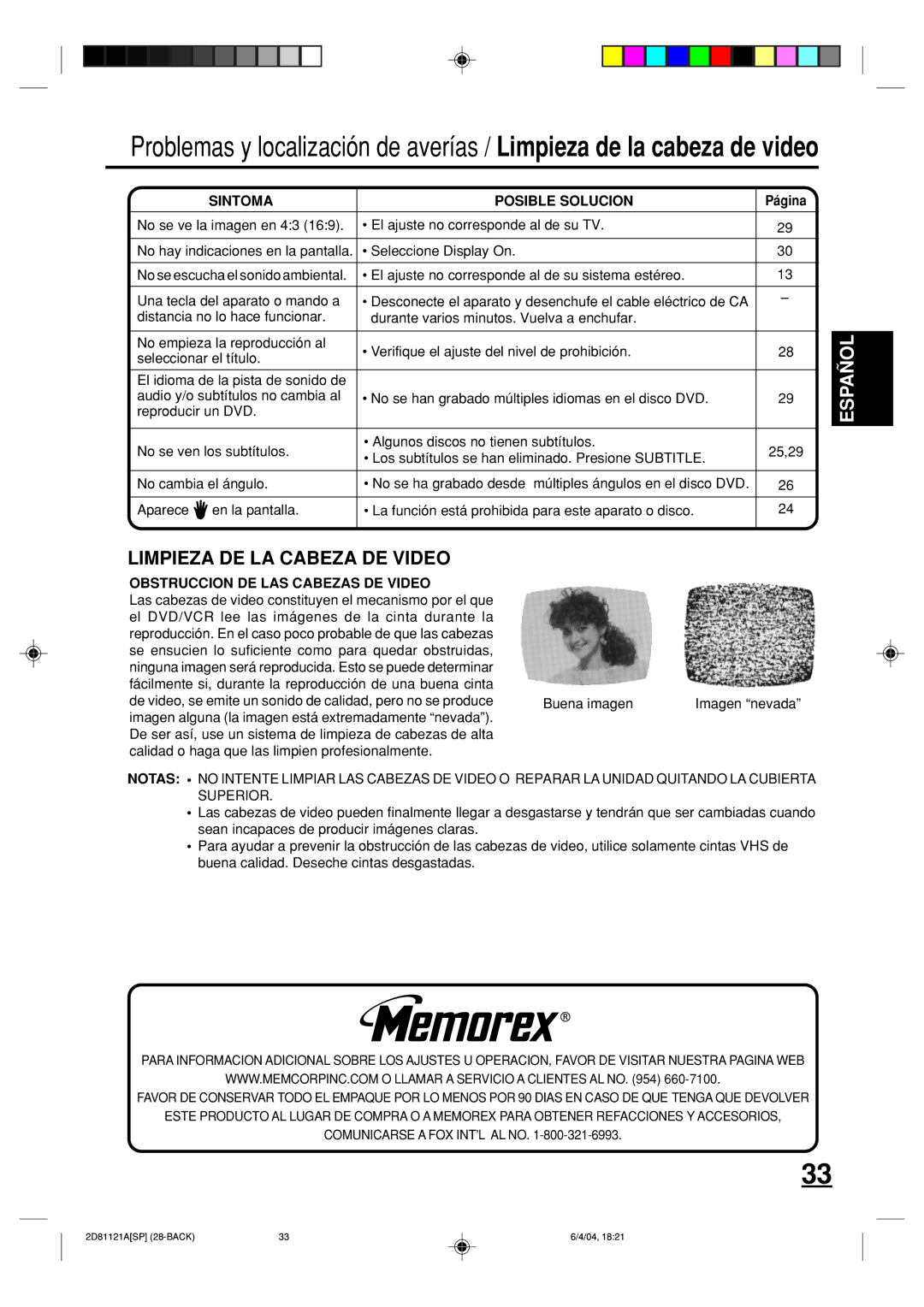 Memorex MVD4540C owner manual Sintoma Posible Solucion, Obstruccion DE LAS Cabezas DE Video 