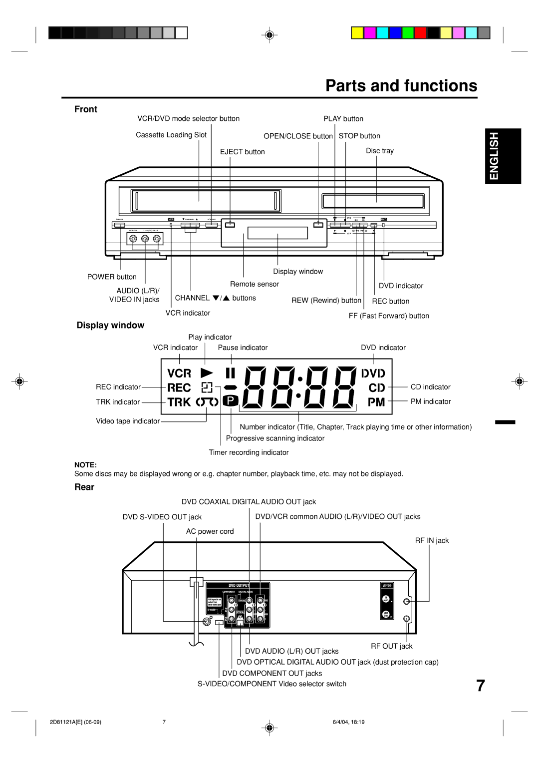 Memorex MVD4540C owner manual Parts and functions, Front, Display window, Rear 