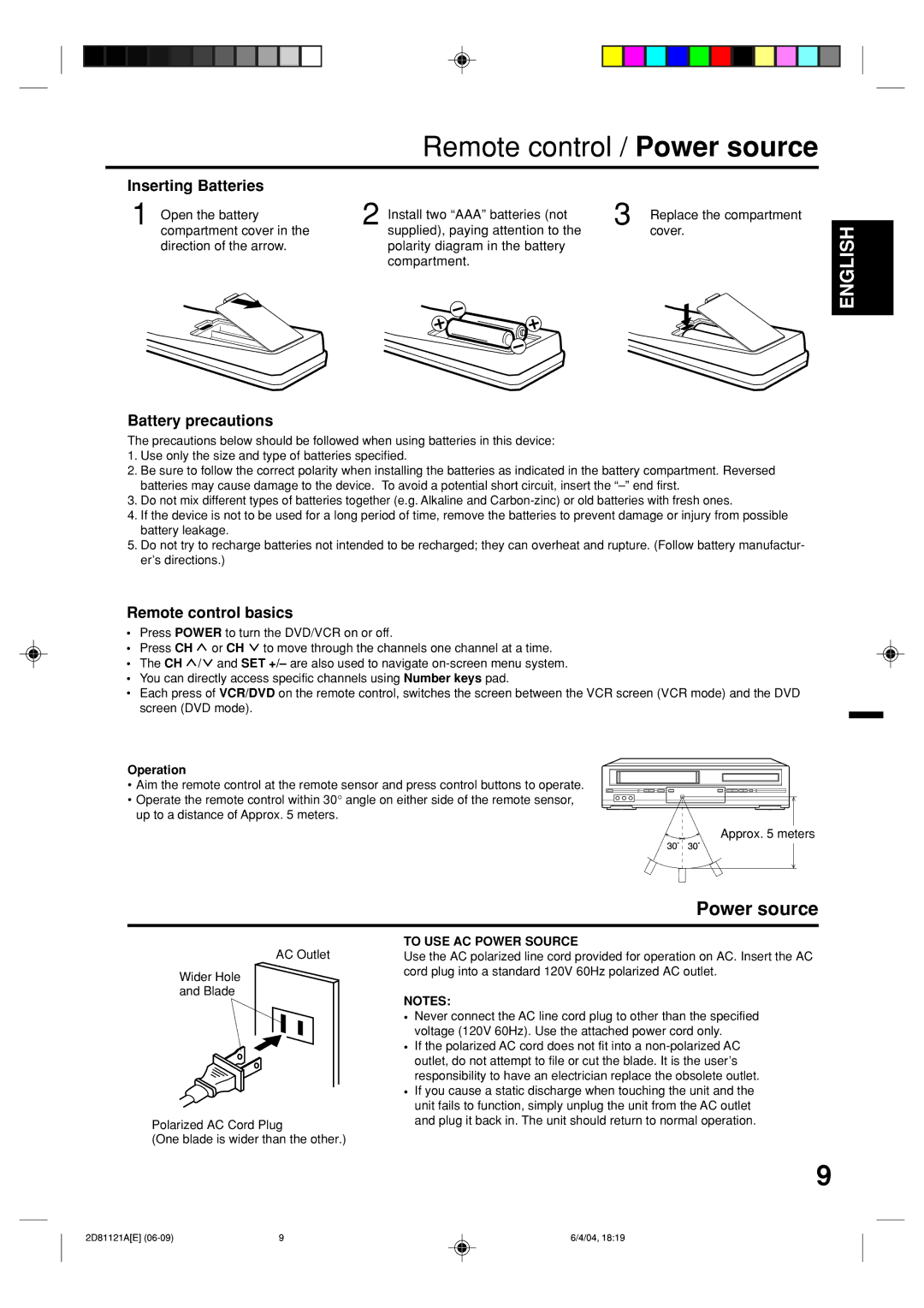 Memorex MVD4540C Power source, Inserting Batteries, Battery precautions, Remote control basics, To USE AC Power Source 