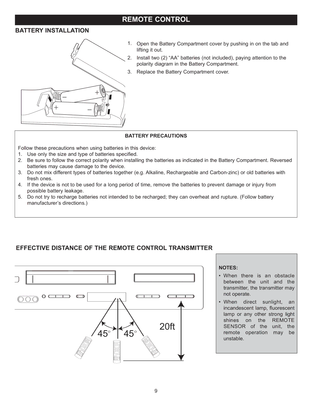 Memorex MVD4543 manual Battery Installation, Effective Distance of the Remote Control Transmitter, Battery Precautions 