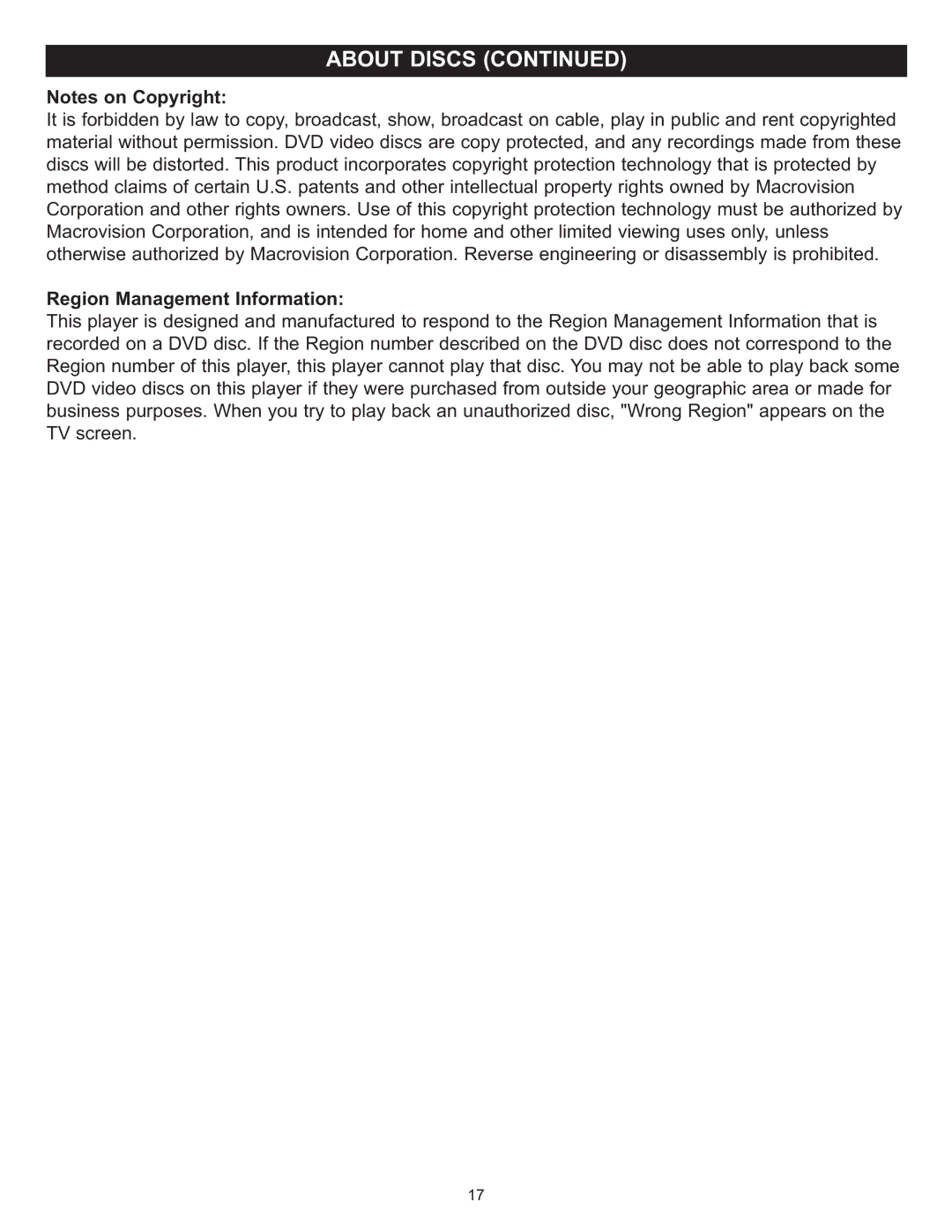 Memorex MVD4543 manual Region Management Information 