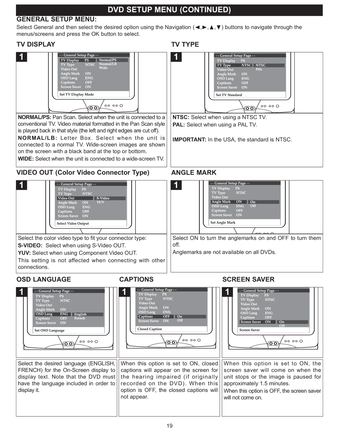 Memorex MVD4543 manual TV Display TV Type, Captions, OSD Language, Angle Mark, Screen Saver 