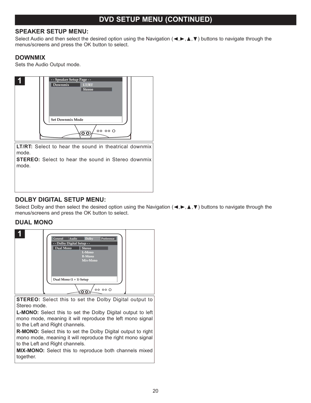 Memorex MVD4543 manual Speaker Setup Menu, Downmix, Dolby Digital Setup Menu, Dual Mono 