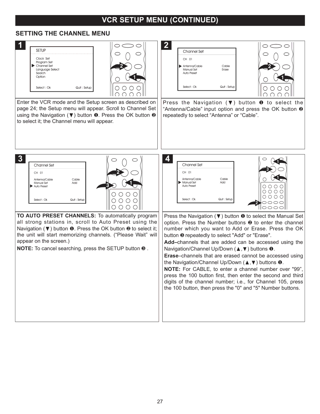 Memorex MVD4543 manual Setting the Channel Menu 