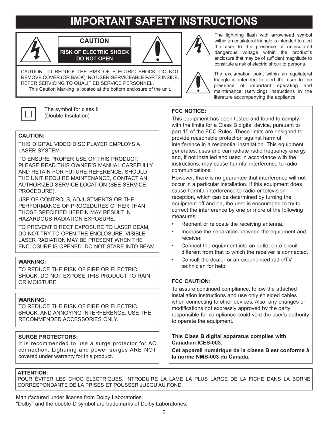 Memorex MVD4543 manual Surge Protectors, FCC Notice, FCC Caution 