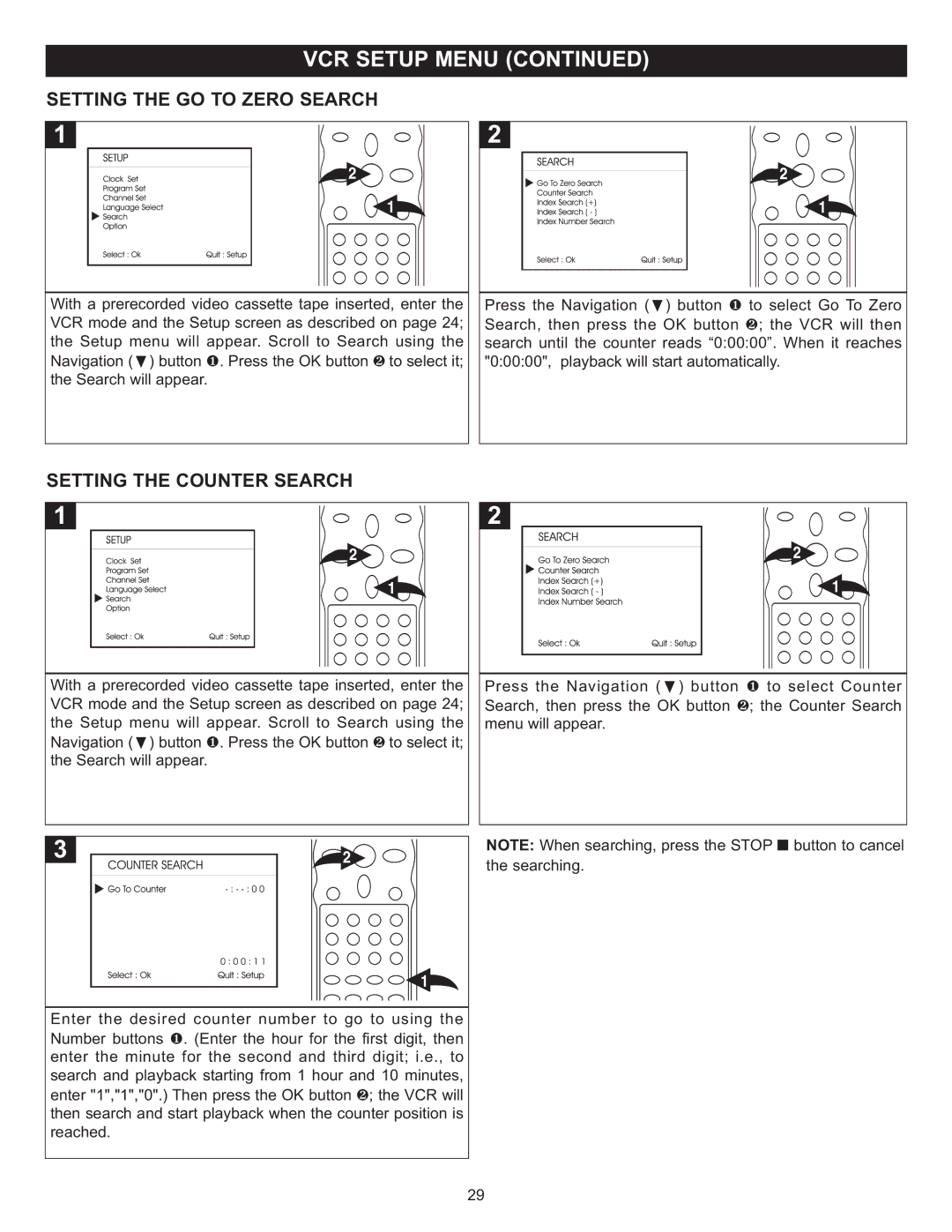 Memorex MVD4543 manual Setting the GO to Zero Search, Setting the Counter Search 