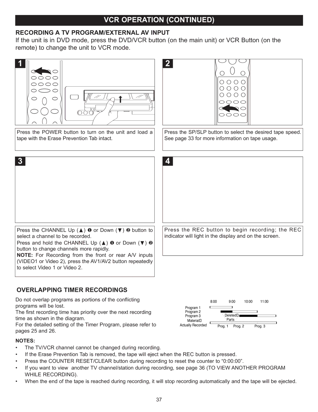 Memorex MVD4543 manual Recording a TV PROGRAM/EXTERNAL AV Input, Overlapping Timer Recordings 