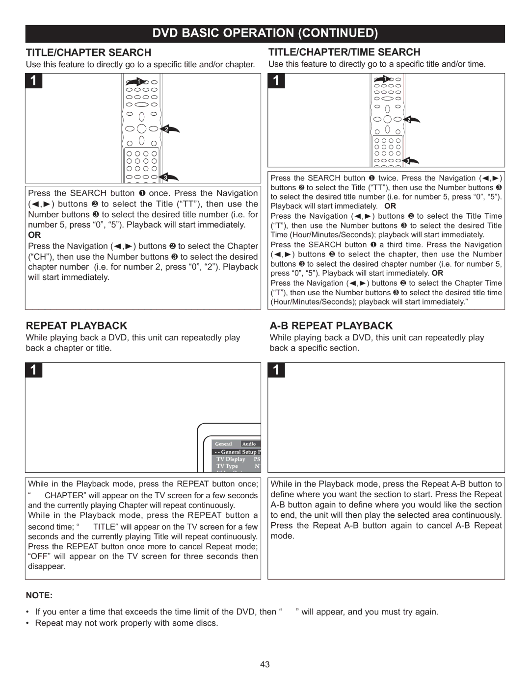 Memorex MVD4543 manual TITLE/CHAPTER Search, Repeat Playback, TITLE/CHAPTER/TIME Search 