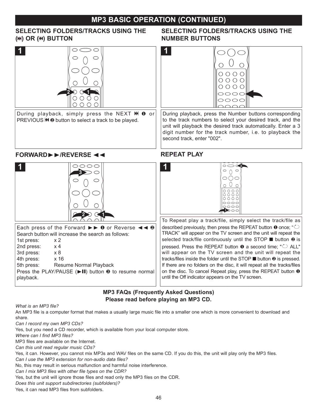 Memorex MVD4543 manual Selecting FOLDERS/TRACKS Using, Number Buttons, Forward/Reverse √√, Repeat Play 