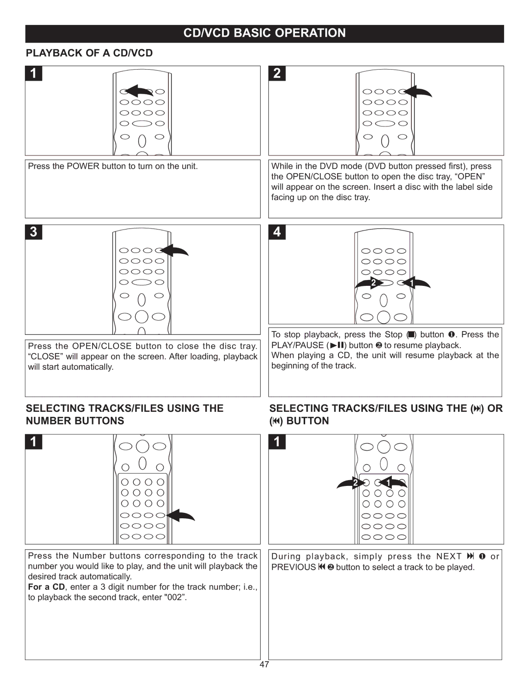 Memorex MVD4543 Playback of a CD/VCD, Selecting TRACKS/FILES Using the Number Buttons, Selecting TRACKS/FILES Using the or 