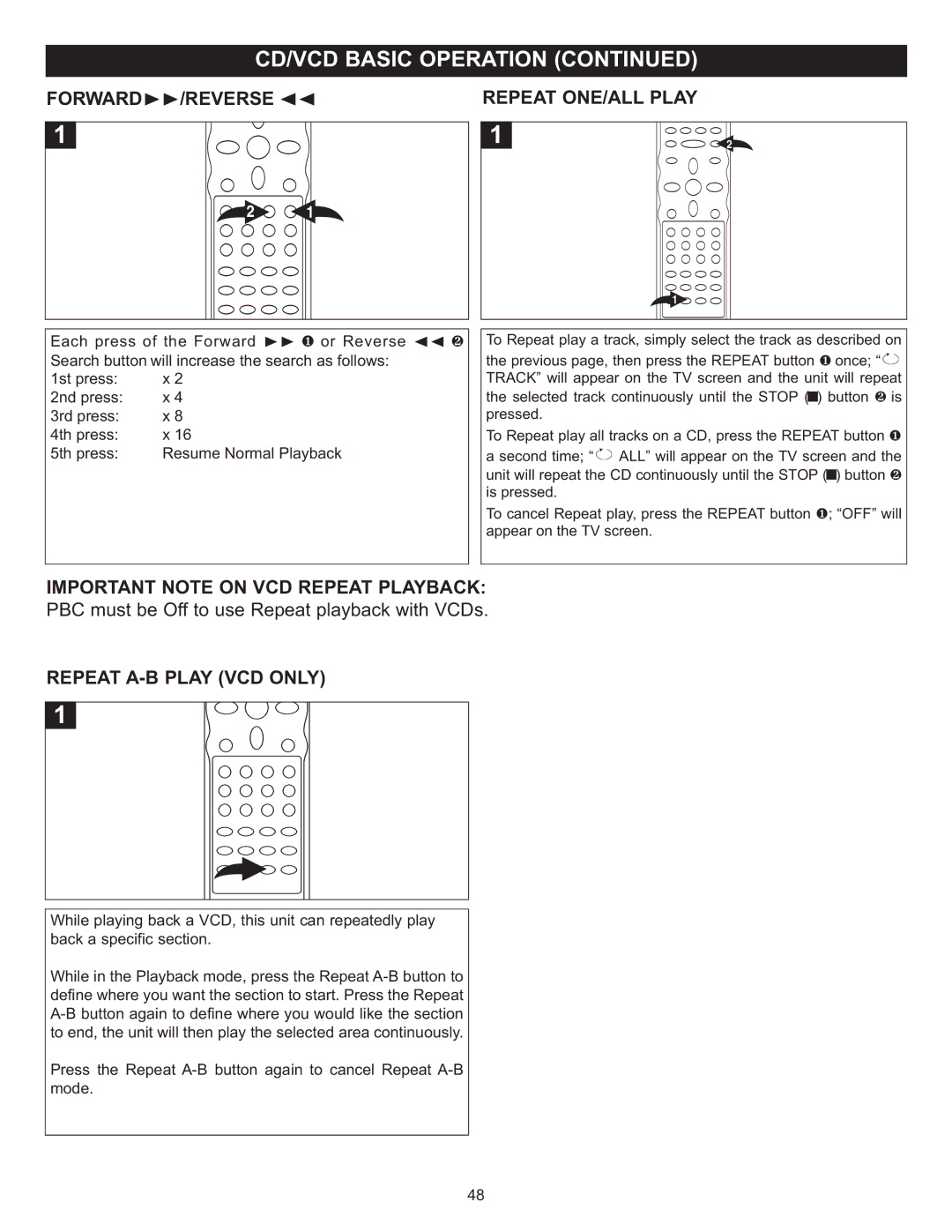 Memorex MVD4543 manual Forward /REVERSE √√, Important Note on VCD Repeat Playback, Repeat A-B Play VCD only 