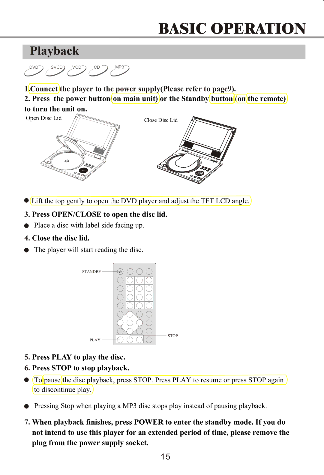 Memorex MVDP1072 manual Playback, Connect the player to the power supplyPlease refer to page9, Close the disc lid 