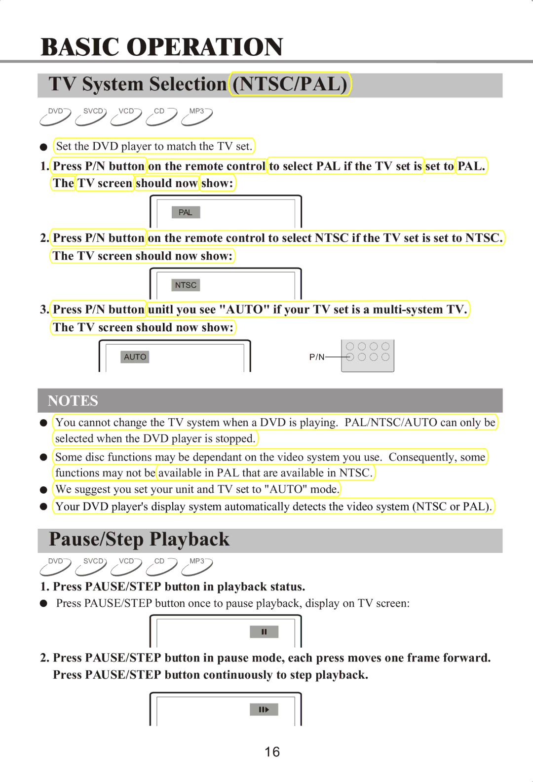 Memorex MVDP1072 manual TV System Selection NTSC/PAL, Pause/Step Playback, Press PAUSE/STEP button in playback status 