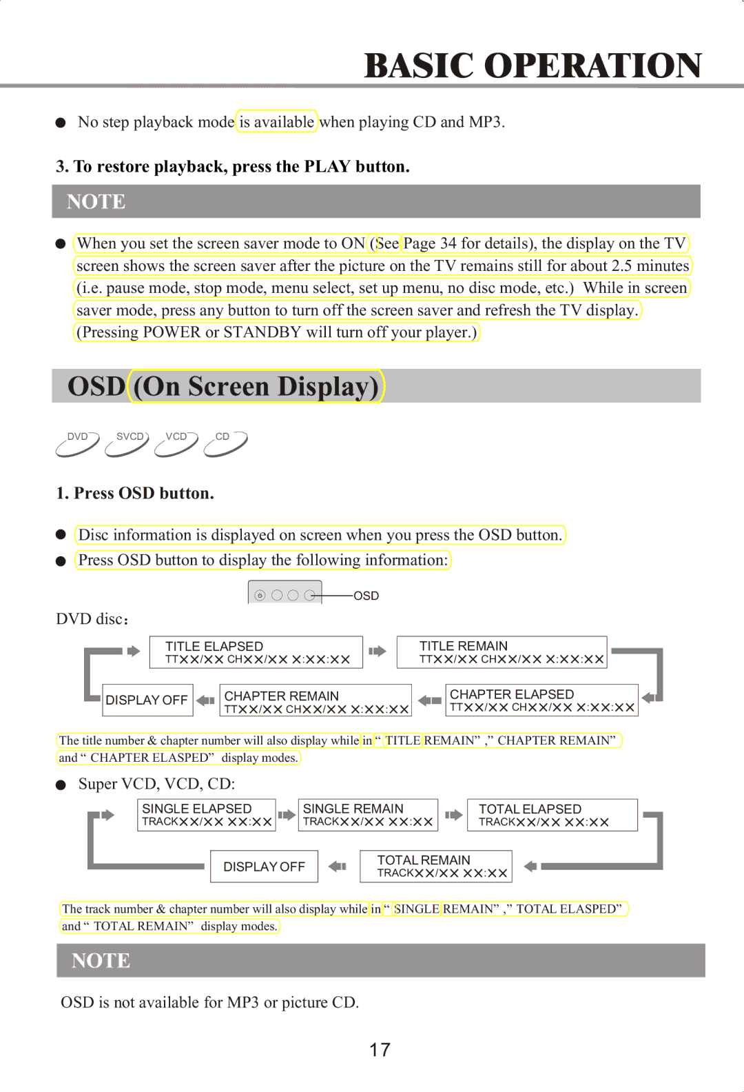 Memorex MVDP1072 manual OSD On Screen Display, To restore playback, press the Play button, Press OSD button 