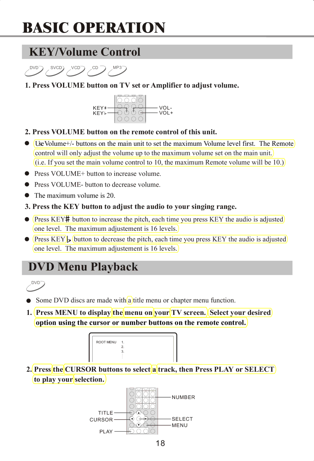 Memorex MVDP1072 manual KEY/Volume Control, DVD Menu Playback, Press Volume button on TV set or Amplifier to adjust volume 