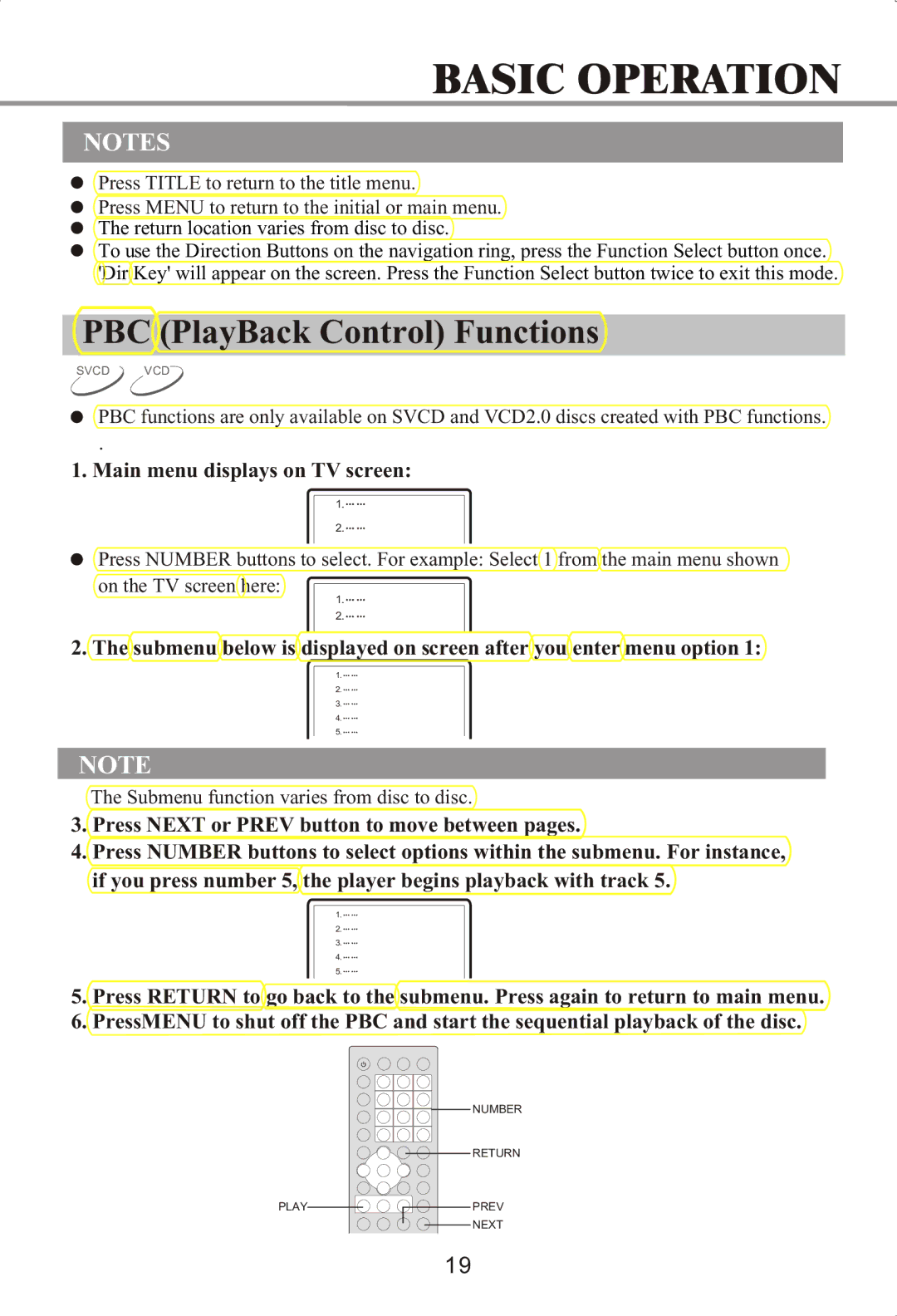 Memorex MVDP1072 manual PBC PlayBack Control Functions, Main menu displays on TV screen 