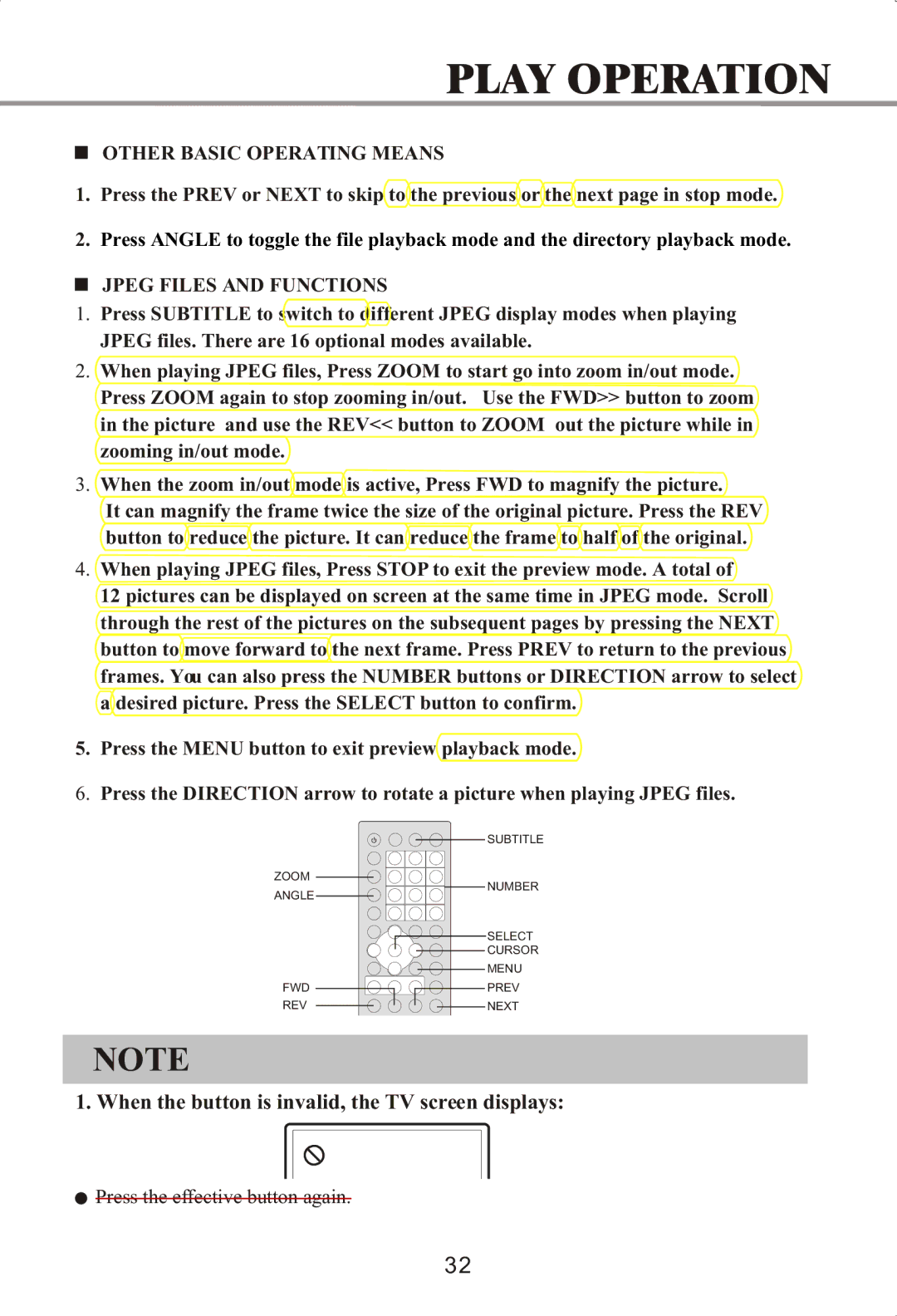 Memorex MVDP1072 manual When the button is invalid, the TV screen displays, Other Basic Operating Means 