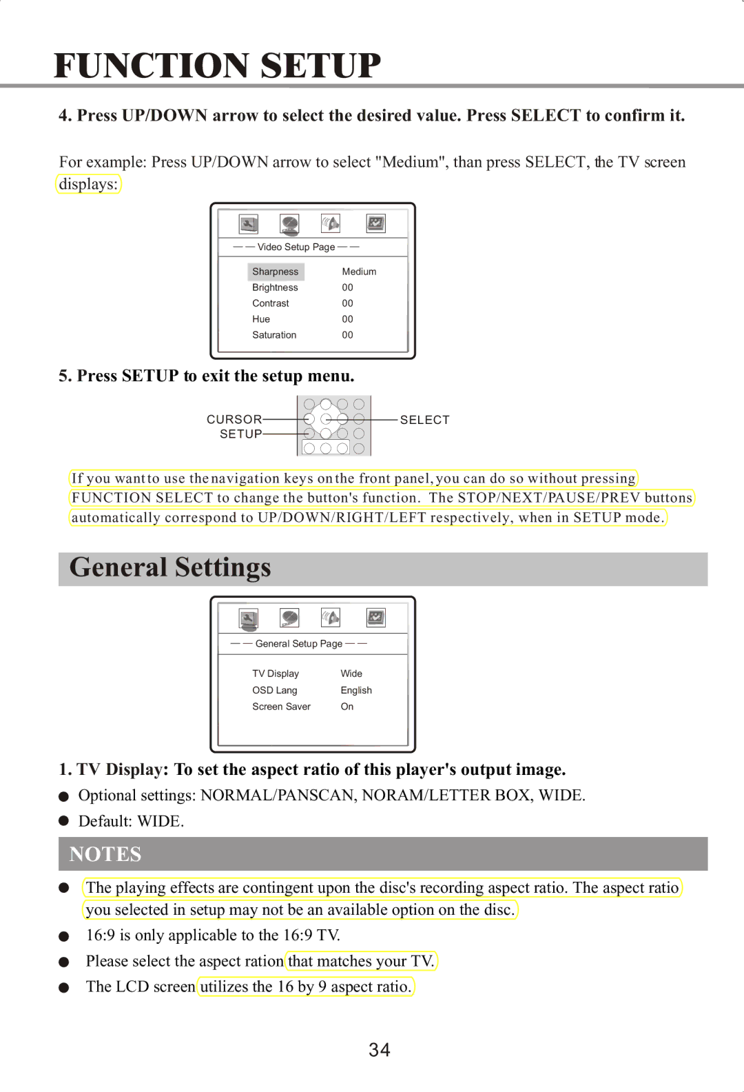 Memorex MVDP1072 manual General Settings, Press Setup to exit the setup menu 