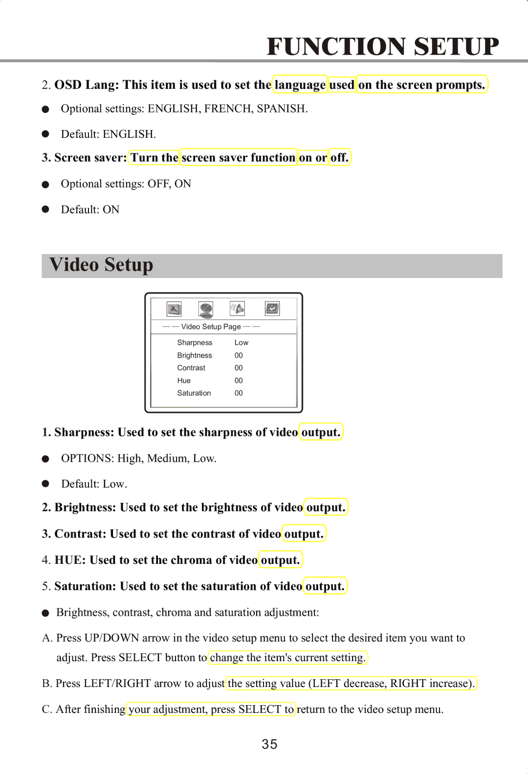 Memorex MVDP1072 manual Video Setup, Screen saver Turn the screen saver function on or off 