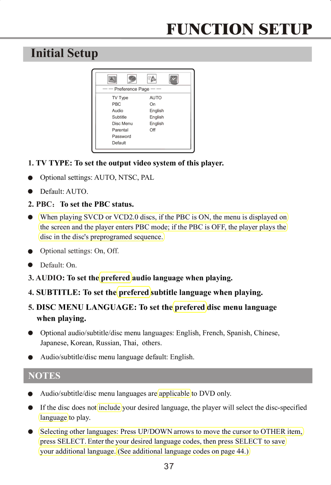 Memorex MVDP1072 manual Initial Setup, TV Type To set the output video system of this player, PBC To set the PBC status 