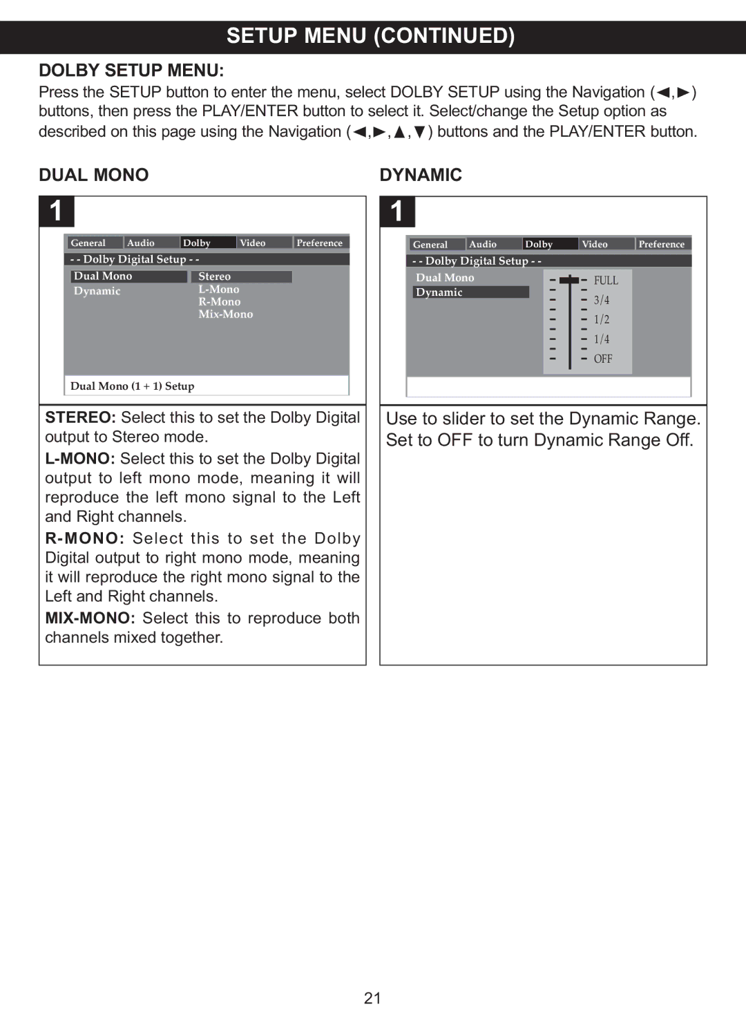 Memorex MVDP1075 manual Dolby Setup Menusetup Menu, Dual Mono 