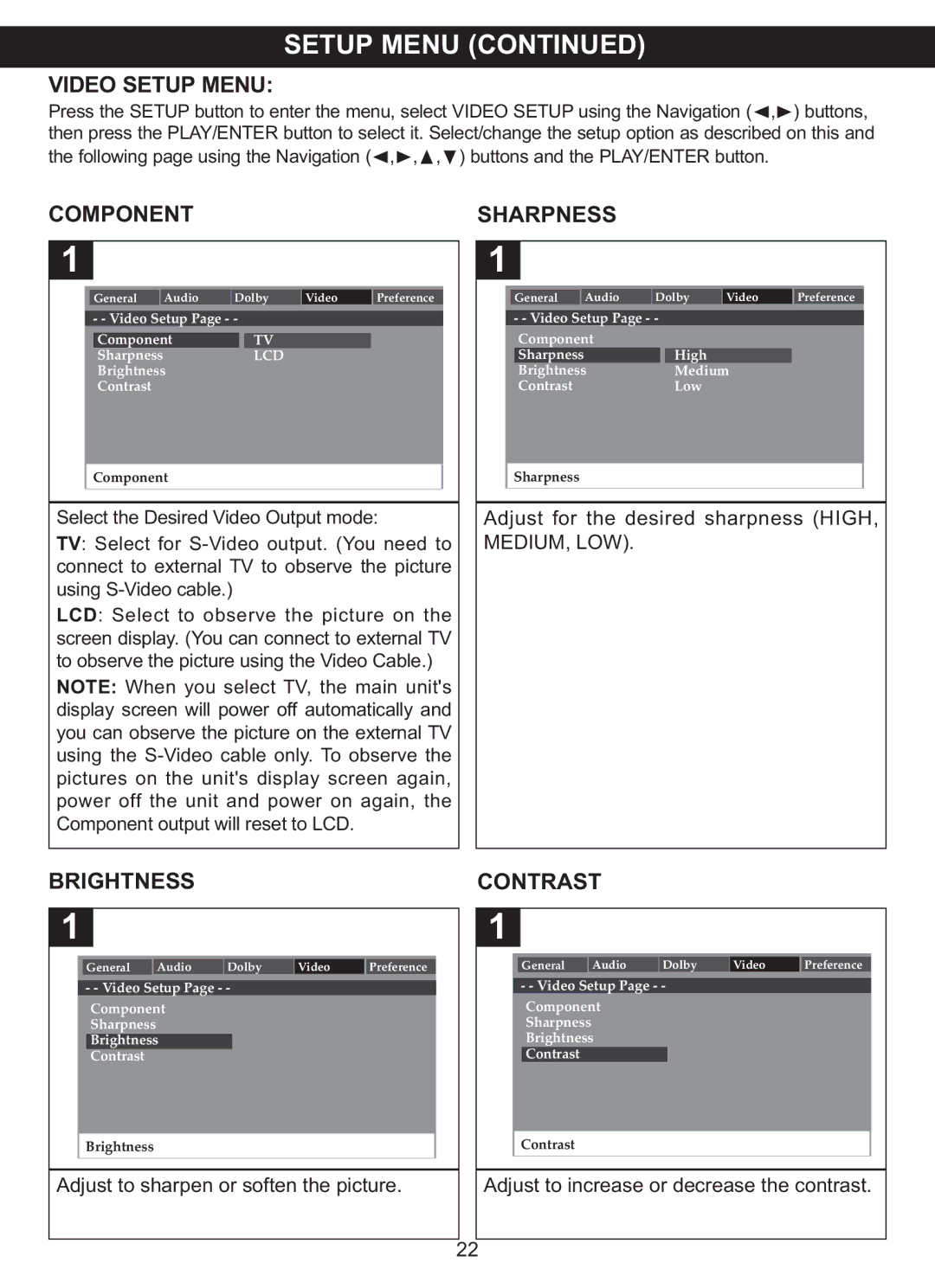 Memorex MVDP1075 manual Video Setup Menu, Component Sharpness 