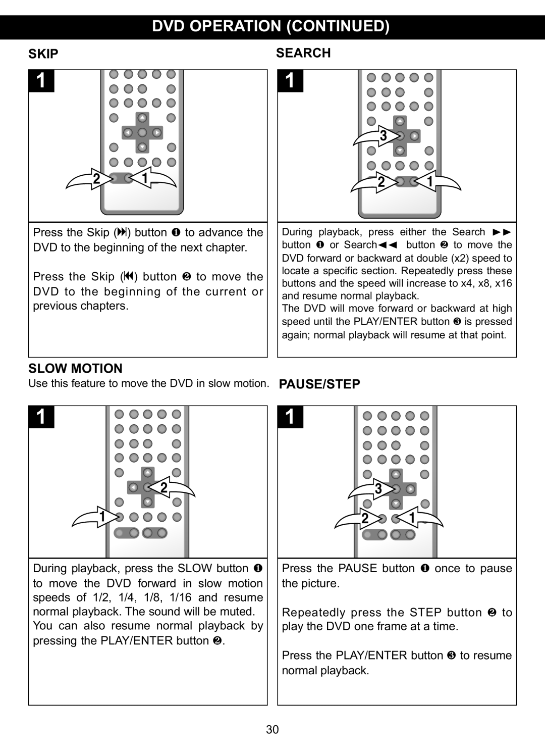 Memorex MVDP1075 manual Skip, Search, Slow Motion PAUSE/STEP 