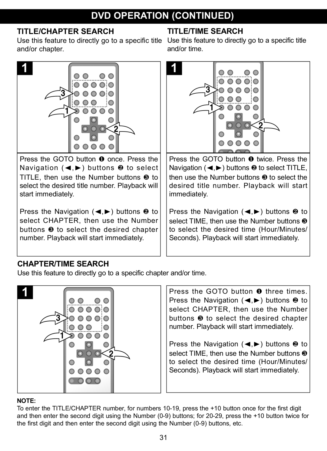 Memorex MVDP1075 manual TITLE/CHAPTER Search TITLE/TIME Search, CHAPTER/TIME Search 