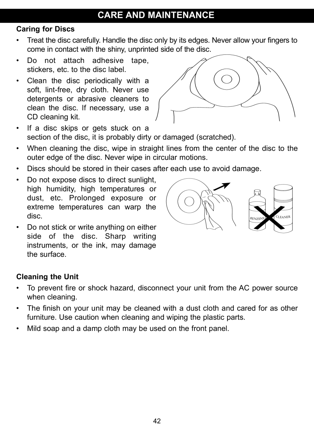 Memorex MVDP1075 manual Caring for Discs 