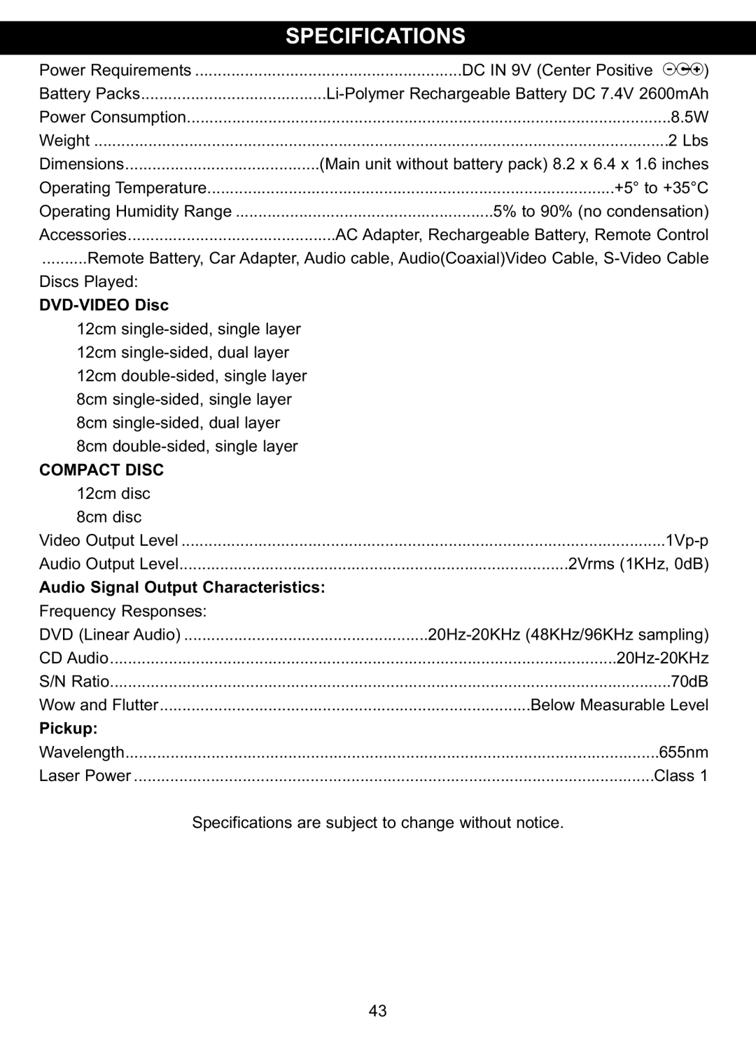 Memorex MVDP1075 manual Specifications, DVD-VIDEO Disc 