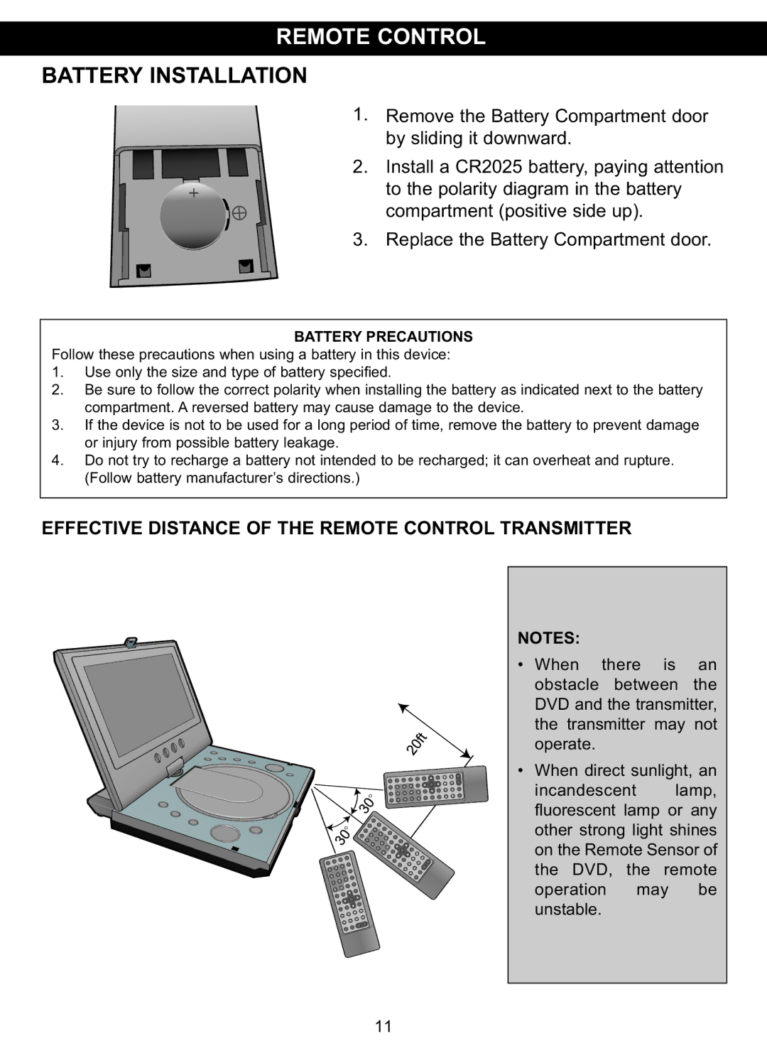 Memorex MVDP1076 manual Effective Distance of the Remote Control Transmitter 