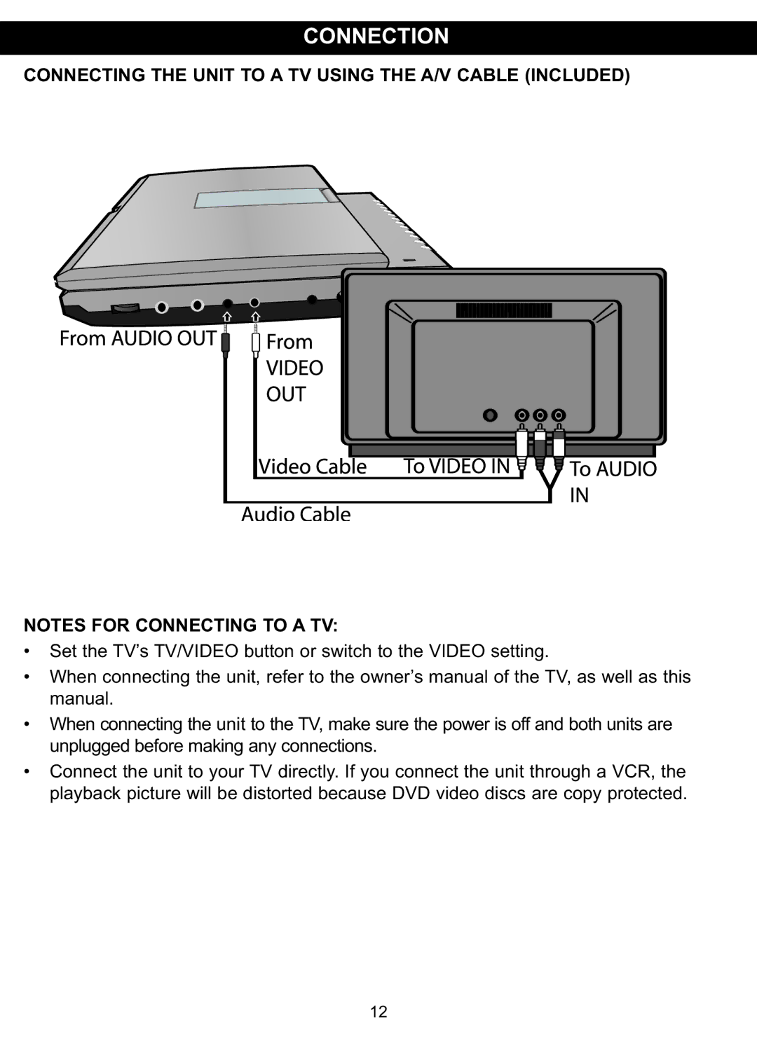 Memorex MVDP1076 manual Connection, Connecting the Unit to a TV Using the A/V Cable Included 