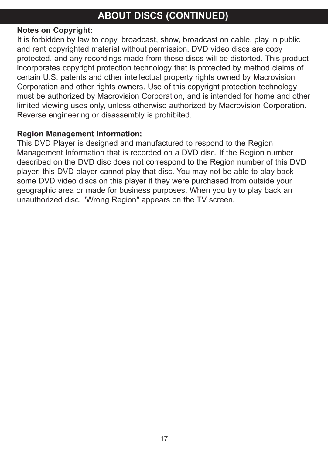 Memorex MVDP1076 manual Region Management Information 