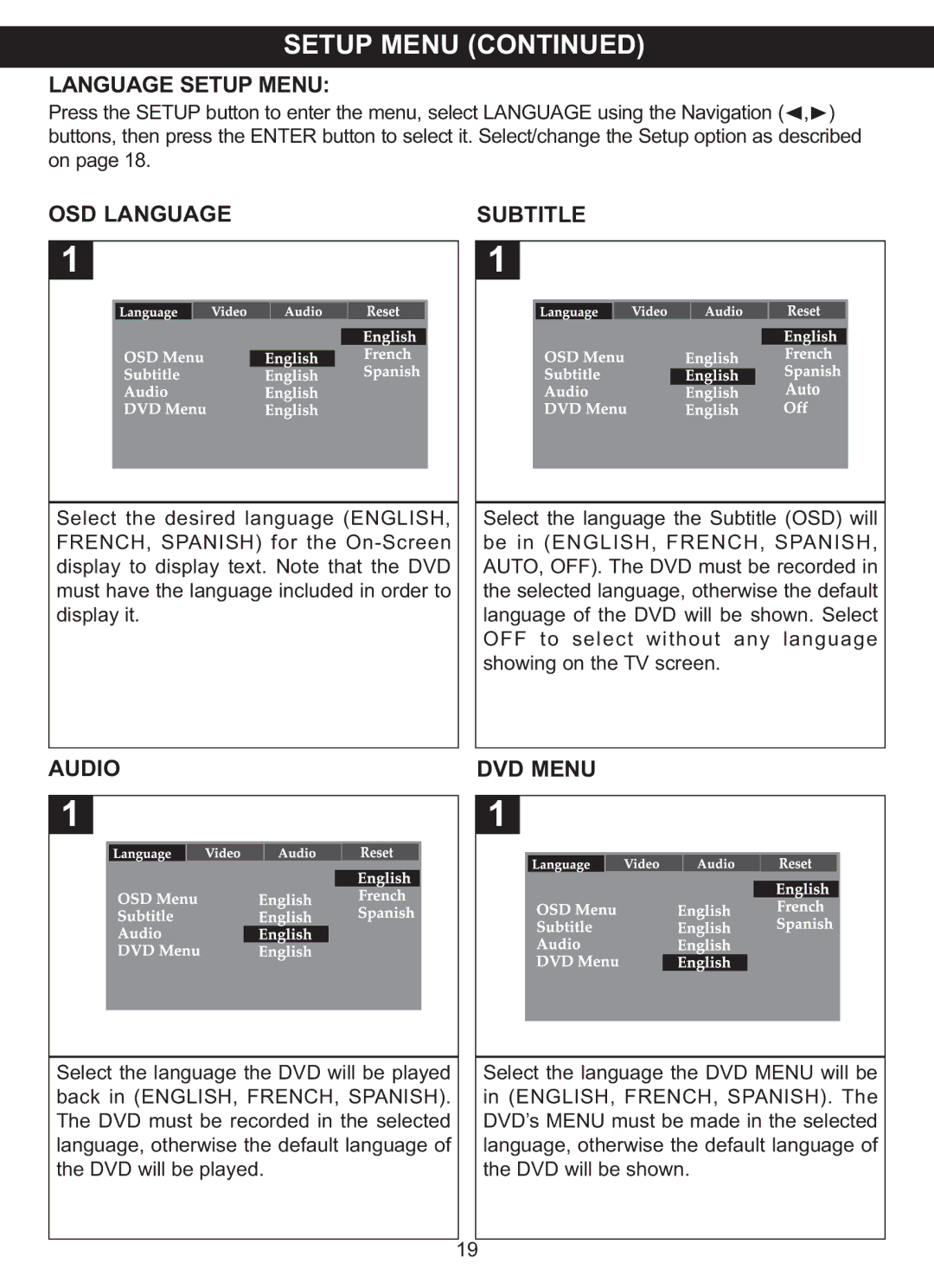 Memorex MVDP1076 manual Language Setup Menu, OSD Language Subtitle, Audio DVD Menu 