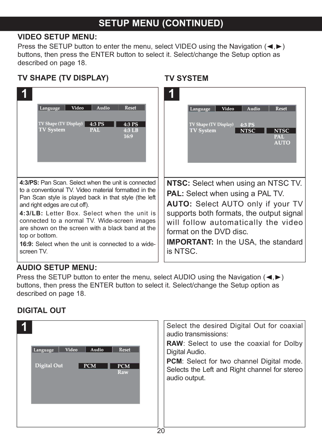 Memorex MVDP1076 manual Video Setup Menu Setup Menu, TV System, TV Shape TV Display, Audio Setup Menu, Digital OUT 