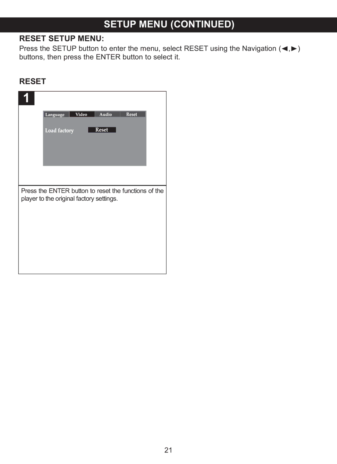 Memorex MVDP1076 manual Reset Setup Menusetup Menu 