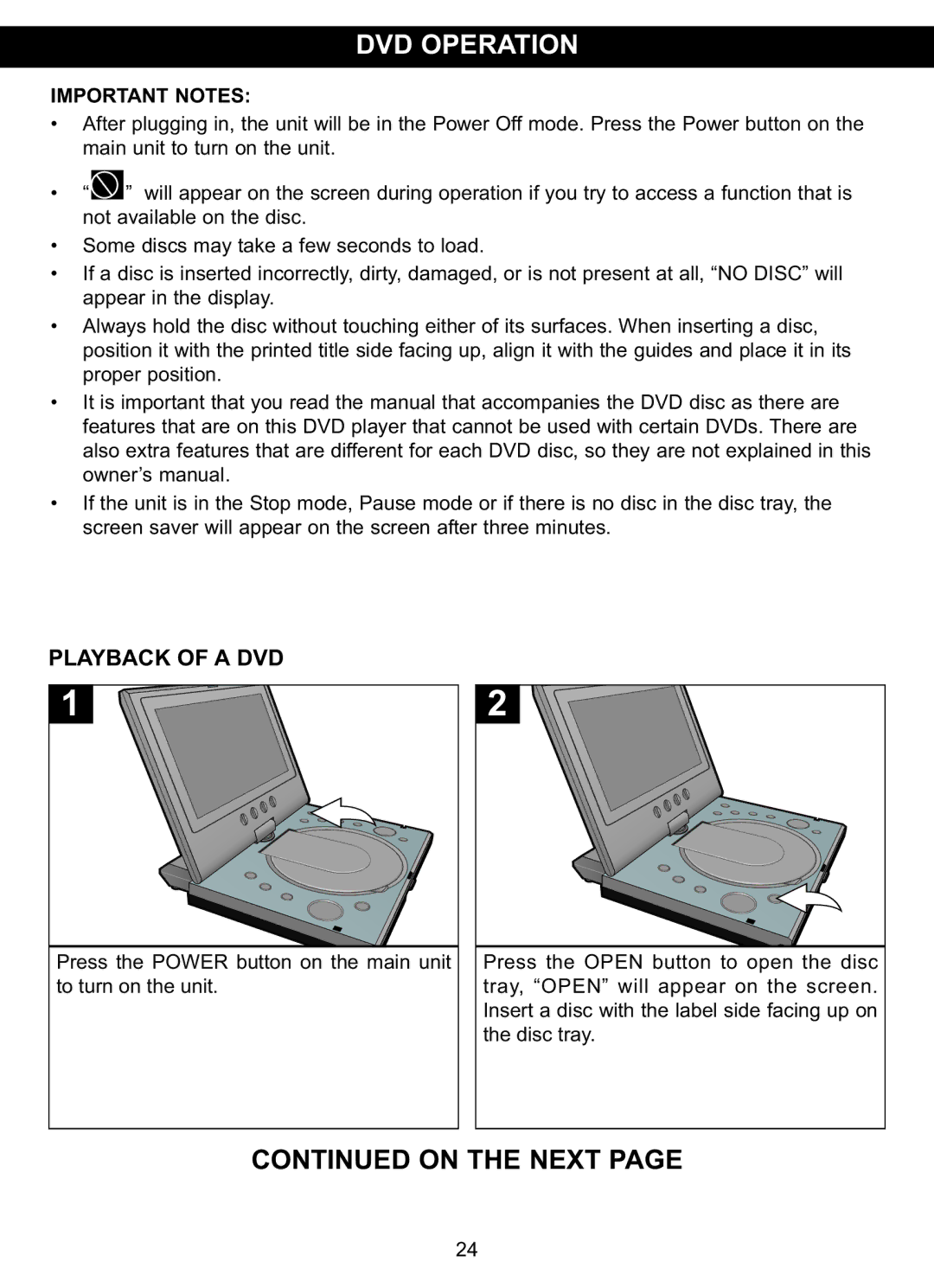 Memorex MVDP1076 manual DVD Operation, Playback of a DVD 