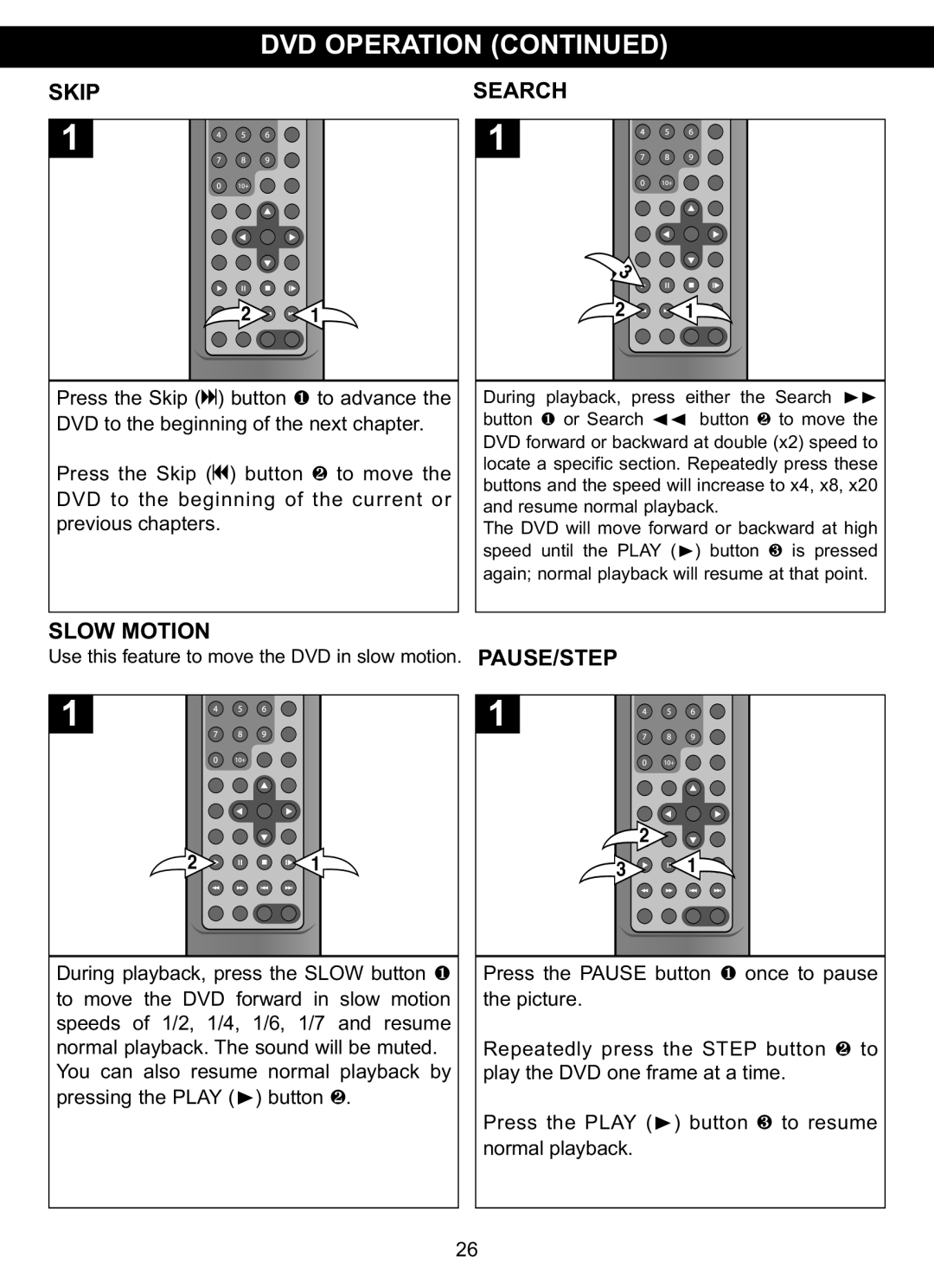 Memorex MVDP1076 manual Skipsearch, Slow Motion PAUSE/STEP 