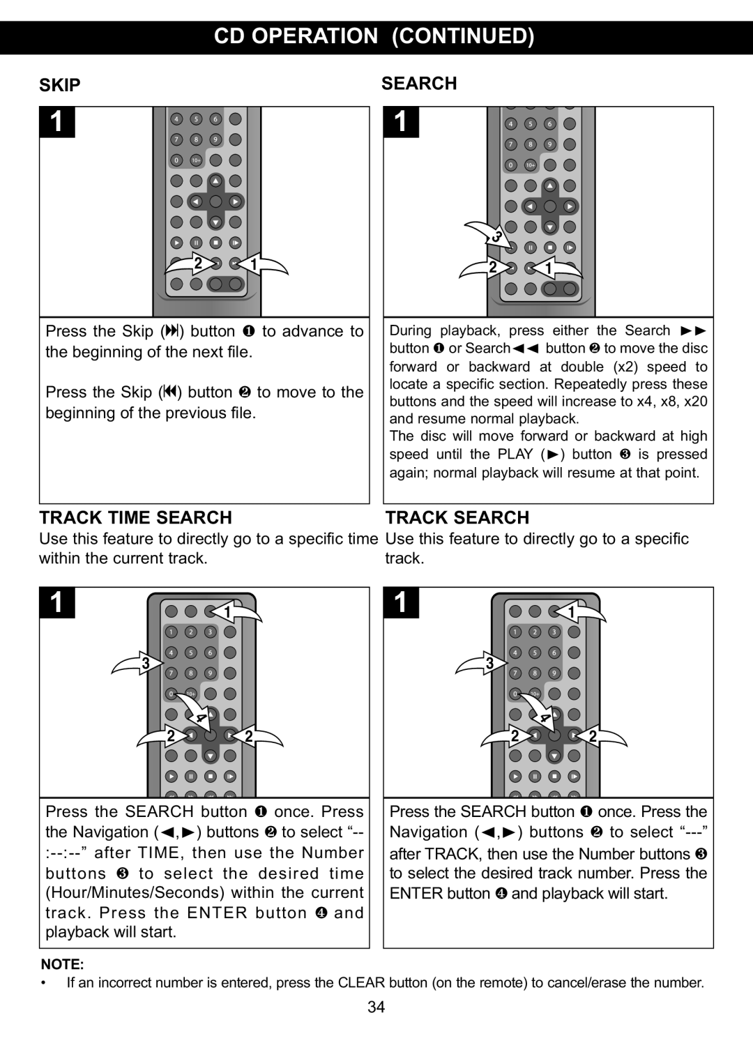 Memorex MVDP1076 manual CD Operation, Skip Search, Track Time Search Track Search 