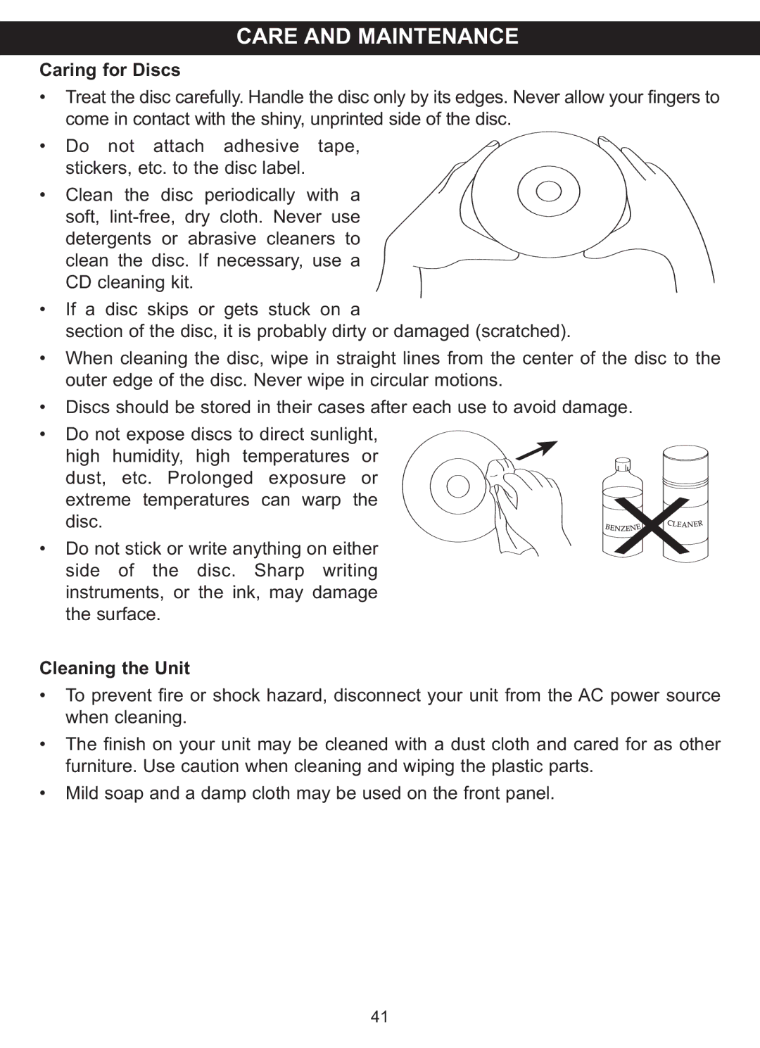 Memorex MVDP1076 manual Caring for Discs 