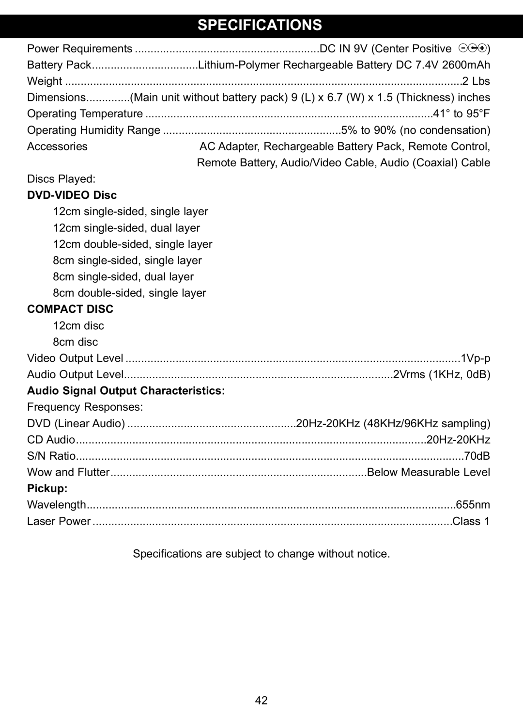 Memorex MVDP1076 manual Specifications, DVD-VIDEO Disc 