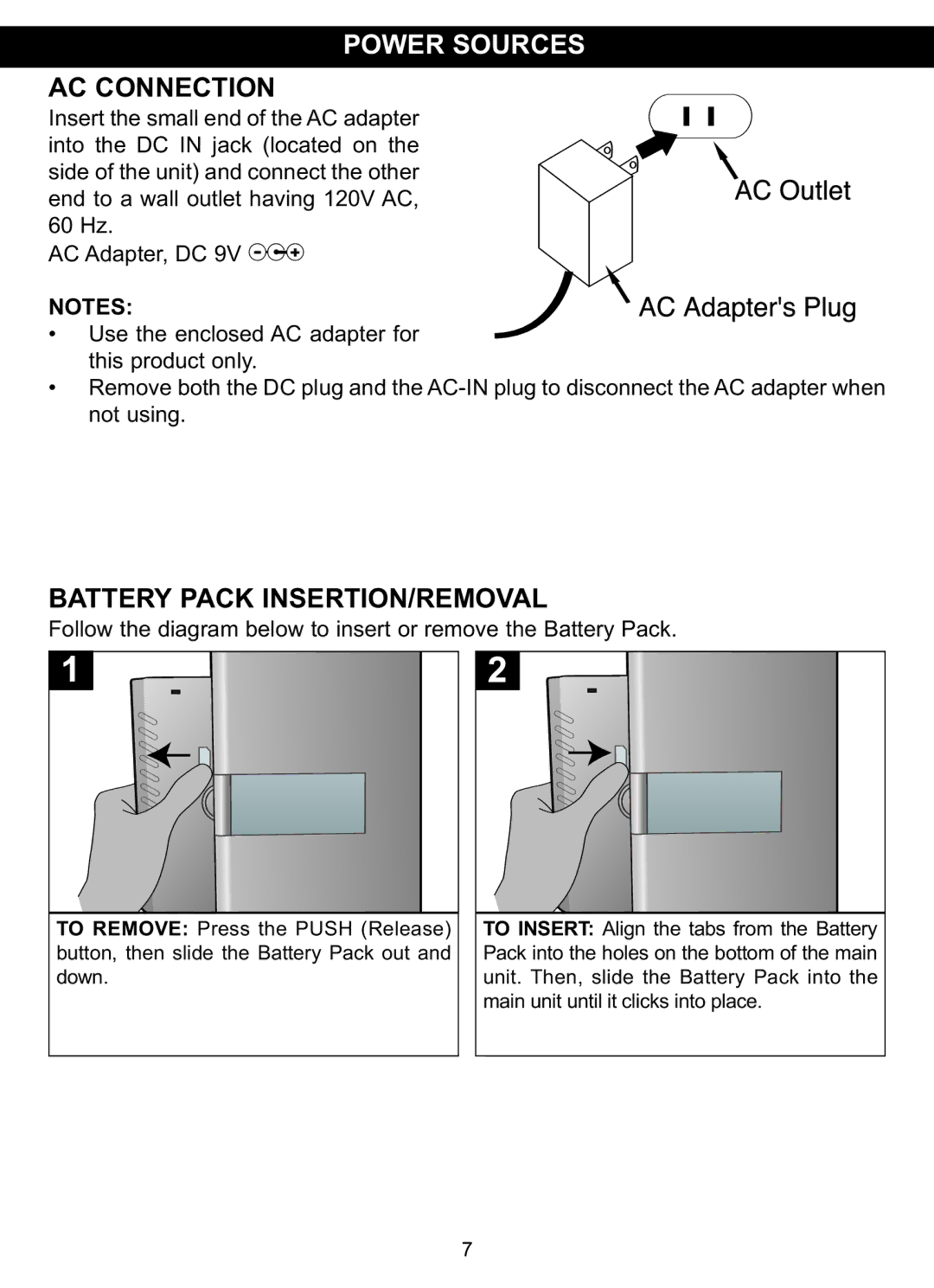 Memorex MVDP1076 manual AC Connection, Battery Pack INSERTION/REMOVAL 