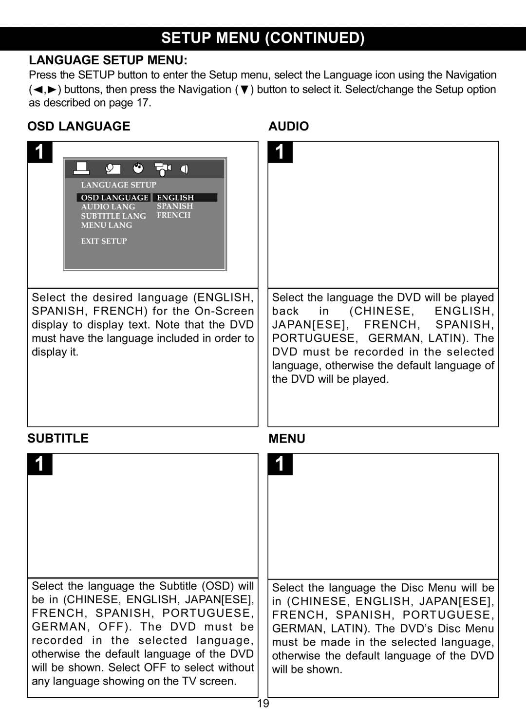 Memorex MVDP1077 Language Setup Menu, Audio, OSD Language, As described on, Display to display text. Note that the DVD 