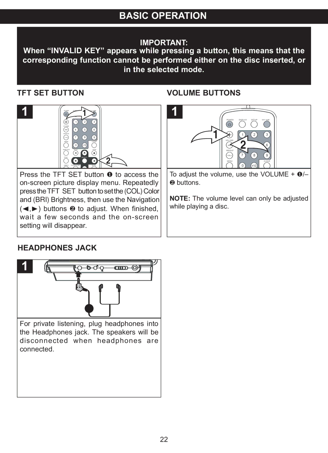 Memorex MVDP1077 manual Basic Operation, TFT SET Button, Headphones Jack Volume Buttons 