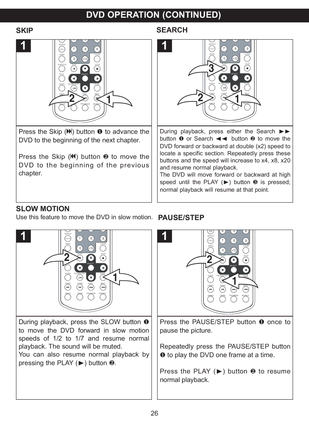 Memorex MVDP1077 manual Skip, Search, Slow Motion PAUSE/STEP 