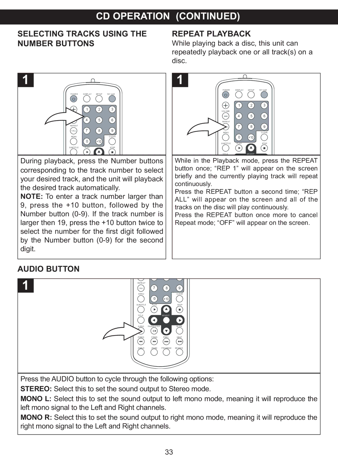 Memorex MVDP1077 manual Selecting Tracks Using Repeat Playback Number Buttons, Audio Button 