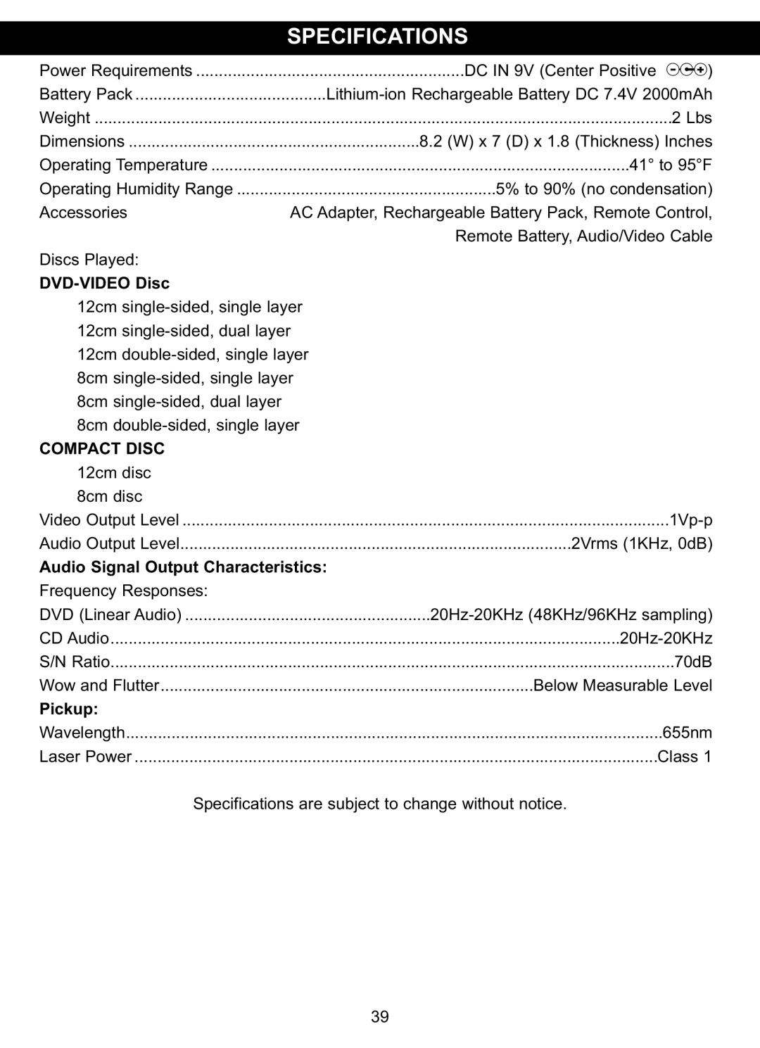 Memorex MVDP1077 manual Specifications 