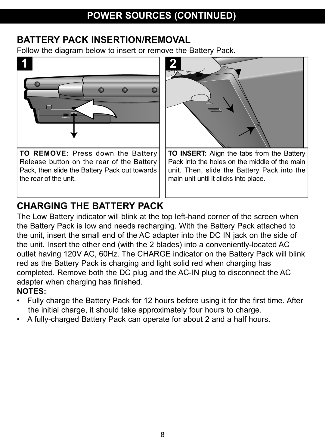 Memorex MVDP1077 manual Power Sources Battery Pack INSERTION/REMOVAL, Charging the Battery Pack 