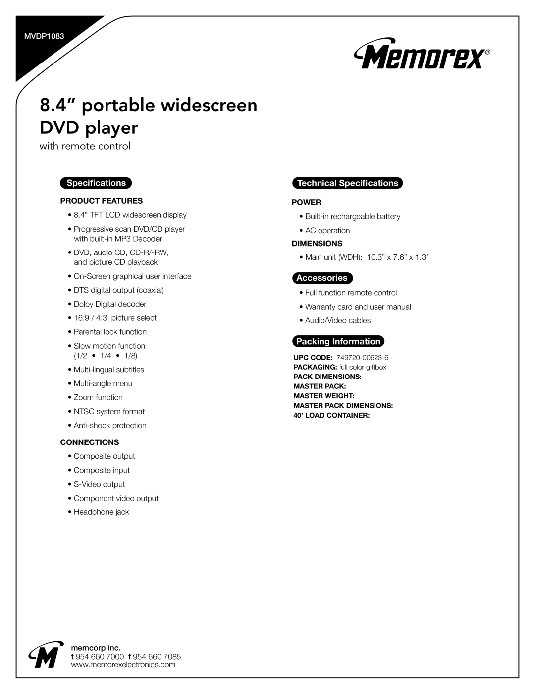 Memorex MVDP1083 manual Portable widescreen DVD player, Technical Specifications, Accessories, Packing Information 
