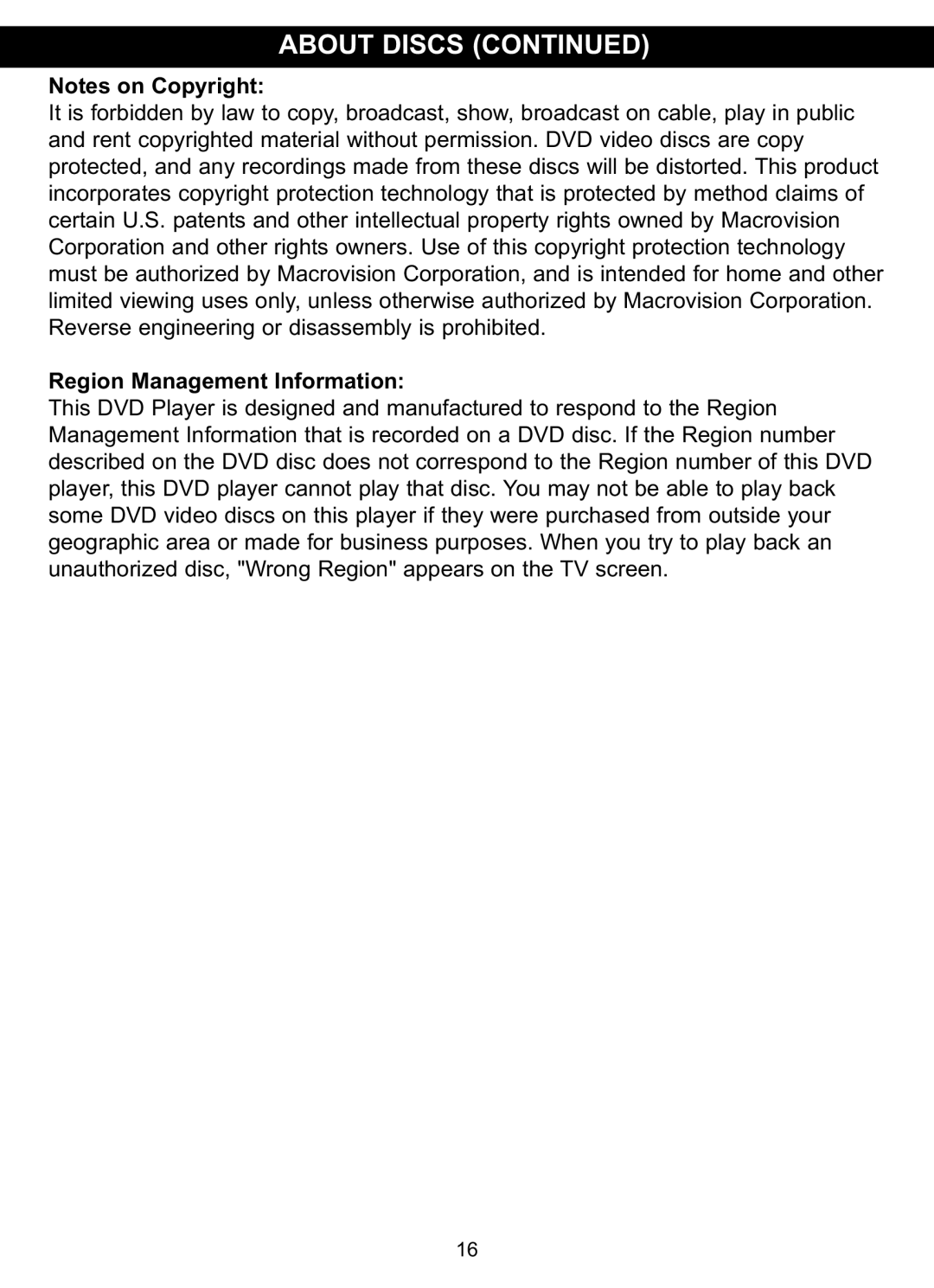 Memorex MVDP1085 manual Region Management Information 